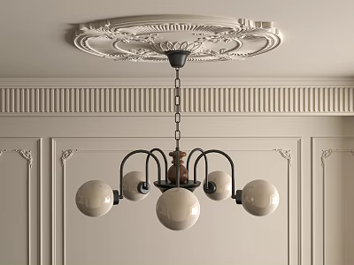 Elegant Chandelier With Black Metal Frame White Spherical Bulbs Ceiling Medallion And Decorative Wall Moldings 3d model