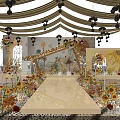 Elegant Wedding Banquet Hall With Golden Decorations Flowers Chandeliers Stage And Carpet