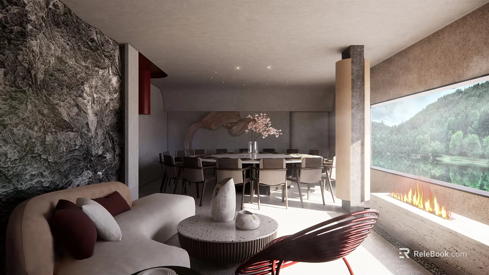 Private Box Interior With Modern Design Sofa Dining Table Chairs Stone Wall Fireplace And Scenic View 3d model 