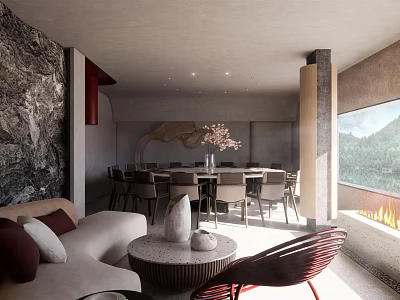 Private Box Interior With Modern Design Sofa Dining Table Chairs Stone Wall Fireplace And Scenic View 3d model