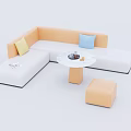 Casual Sofa Set Orange White With Yellow Blue Cushions Round Marble Table And Orange Ottoman
