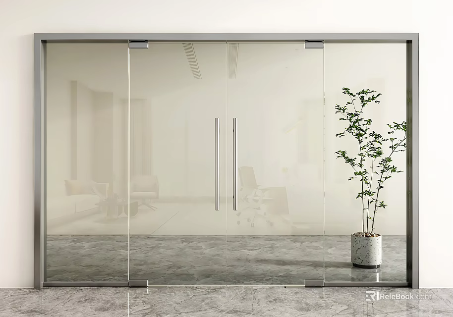 Sleek Glass Double Doors In Modern Interior With Potted Plant And Grey Floor 3d model 