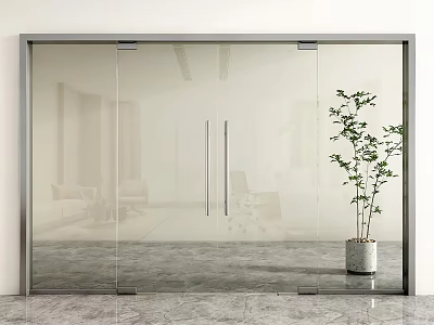 Sleek Glass Double Doors In Modern Interior With Potted Plant And Grey Floor 3d model