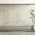 Sleek Glass Double Doors In Modern Interior With Potted Plant And Grey Floor