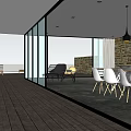 Modern Living and Dining Area With Open Layout Large Windows Wooden Deck Scenic Lake View White Chairs