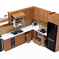 Modern Kitchen With Wooden Cabinets White Countertop Sink And Black Refrigerator