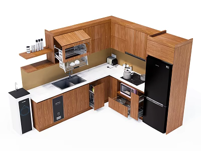 Modern Kitchen With Wooden Cabinets White Countertop Sink And Black Refrigerator 3d model