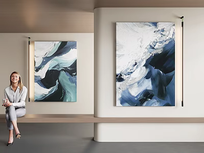 Two Abstract Paintings With Blue White Swirls In Modern Interior 3d model