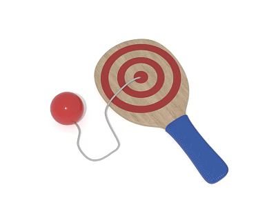 Wooden Toy Paddle With Red White Concentric Circles Target Blue Handle Red Ball String Attached 3d model