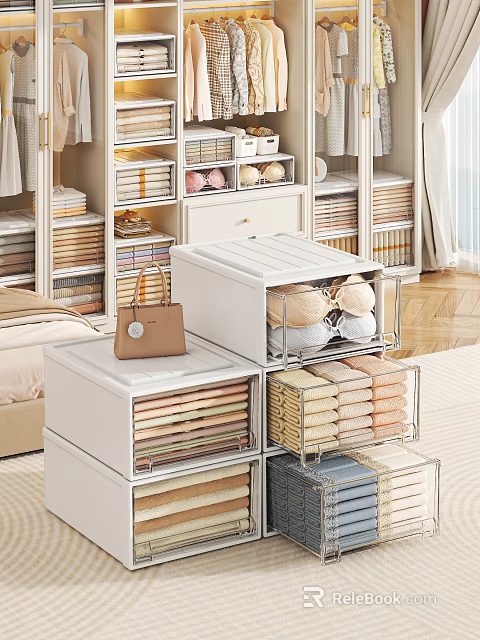 Neatly Organized Wardrobe Storage With Stackable Boxes Folded Clothes And Handbag 3d model 