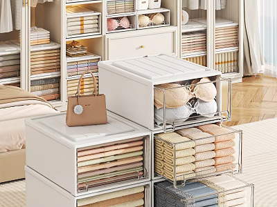 Neatly Organized Wardrobe Storage With Stackable Boxes Folded Clothes And Handbag 3d model