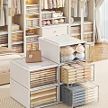 Neatly Organized Wardrobe Storage With Stackable Boxes Folded Clothes And Handbag