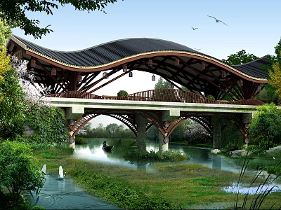 Traditional Wooden Bridge With Curved Roof Over River And Greenery With Flying Birds 3d model