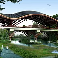 Traditional Wooden Bridge With Curved Roof Over River And Greenery With Flying Birds