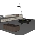 Modern Beige Sofa and Round Coffee Table Set with Brown Ottoman and Floor Lamp