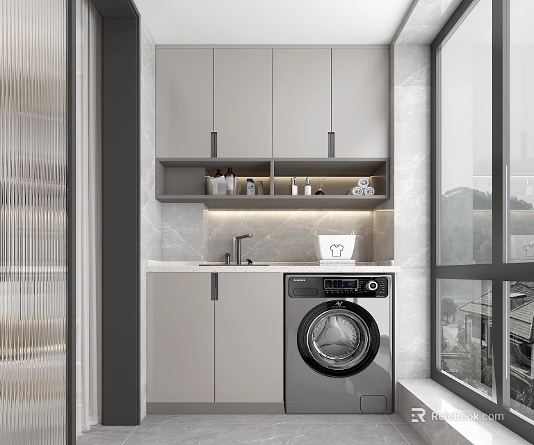 Home Balcony Design With Gray Cabinets Washing Machine Sink And Countertop 3d model 