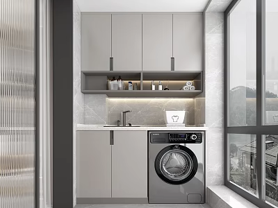 Home Balcony Design With Gray Cabinets Washing Machine Sink And Countertop 3d model