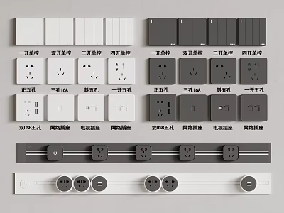 White And Gray Switch Panels With Single Control Sockets Three Hole 16A And Network Outlets 3d model