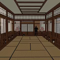 Traditional Cultural Center Interior With Wooden Structure Tatami Lanterns And Calligraphy Scrolls