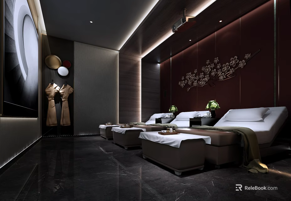 Luxurious SPA Sauna Interior Design With Massage Beds Floral Wall Decor And Ambient Lighting 3d model 