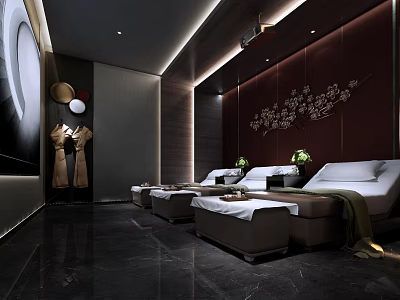 Luxurious SPA Sauna Interior Design With Massage Beds Floral Wall Decor And Ambient Lighting 3d model