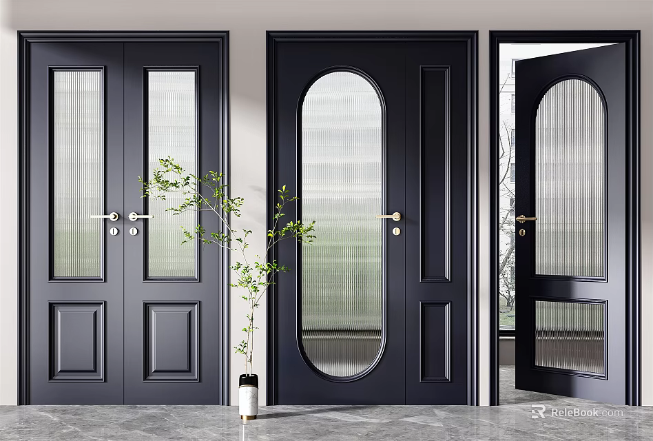 Black Swing Doors with Arched Glass Panels and Indoor Green Plant Decoration 3d model 