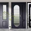 Black Swing Doors with Arched Glass Panels and Indoor Green Plant Decoration