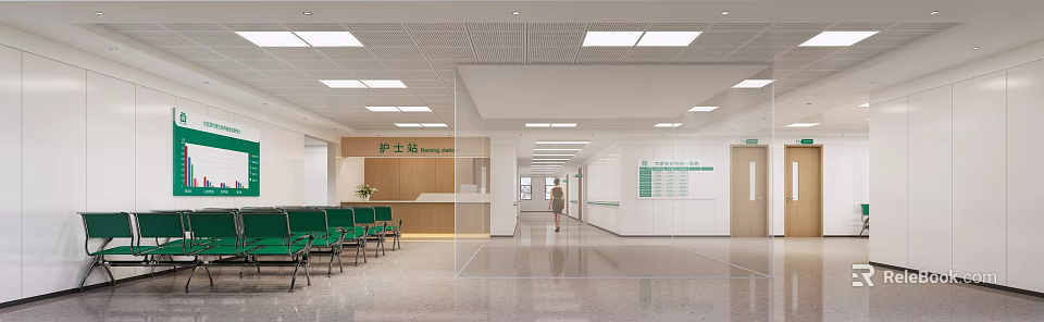 Hospital Outpatient Clinic Interior With Nurse Station Waiting Chairs And Corridor 3d model 