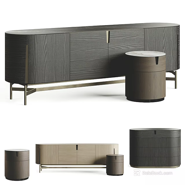 Modern TV Stand Design With Dark Wooden Finish Cabinet Doors And Stool 3d model 