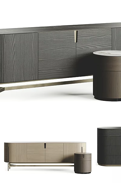 Modern TV Stand Design With Dark Wooden Finish Cabinet Doors And Stool 3d model