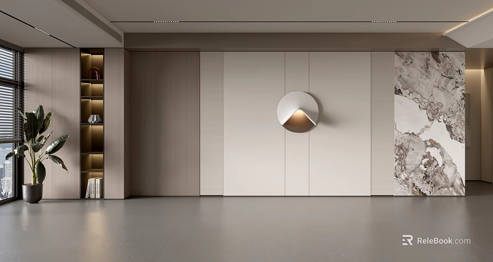 Modern Luxury Feature Wall Design With Wooden Panels Marble Accent And Round Wall Lamp 3d model 