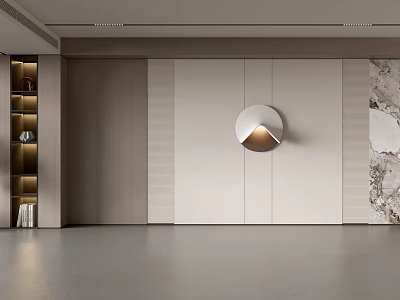 Modern Luxury Feature Wall Design With Wooden Panels Marble Accent And Round Wall Lamp 3d model