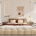 Modern Double Bed Interior With Beige Upholstered Frame Pillows Throw Blanket And Plant