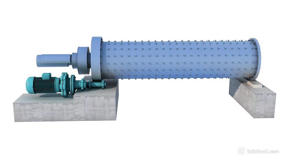 Industrial Ball Mill Equipment Featuring Cylindrical Drum Motor Drive And Concrete Base Structure 3d model 