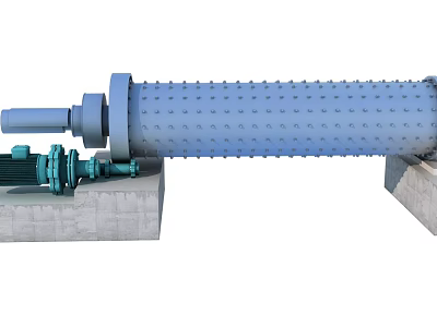 Industrial Ball Mill Equipment Featuring Cylindrical Drum Motor Drive And Concrete Base Structure 3d model