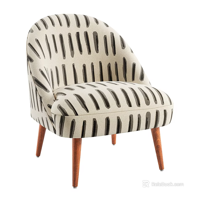 Modern Beige Fabric Armchair With Black Stripe Pattern And Natural Wooden Legs Design 3d model 