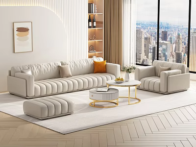Modern Tufted Sofa and Coffee Table Set With Armchair Ottoman Gold Base and City View 3d model