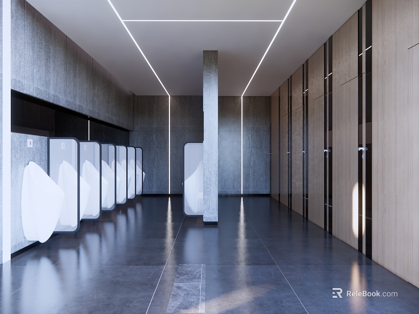 Modern Public Restroom Interior With White Stalls Dark Flooring Gray And Wooden Walls Modern Lighting 3d model 