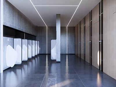 Modern Public Restroom Interior With White Stalls Dark Flooring Gray And Wooden Walls Modern Lighting 3d model