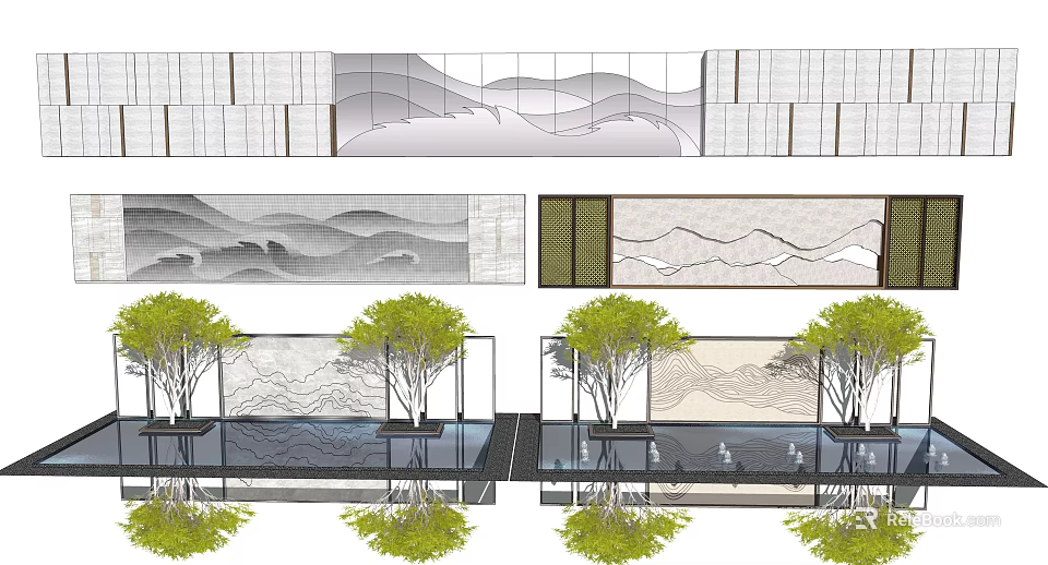 Scenic Wall Design With Mountain Pattern Trees And Water Pool Reflection 3d model