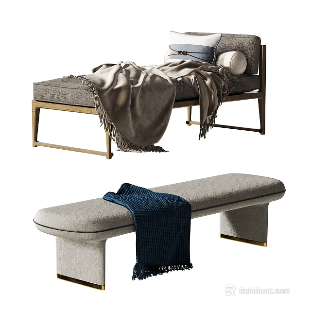 Modern Footstool With Gray Cushion Wooden Frame Cozy Blanket And Soft Pillows 3d model 