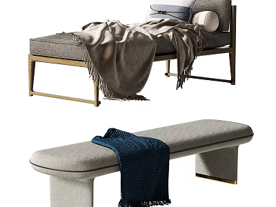 Modern Footstool With Gray Cushion Wooden Frame Cozy Blanket And Soft Pillows 3d model