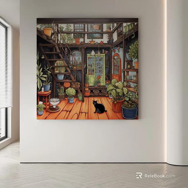Abstract Painting Depicting Indoor Room Scene With Staircase Potted Plants Black Cat and Green Cabinet 3d model 