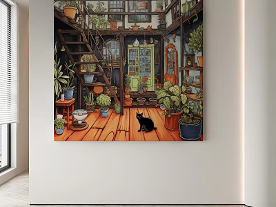 Abstract Painting Depicting Indoor Room Scene With Staircase Potted Plants Black Cat and Green Cabinet 3d model