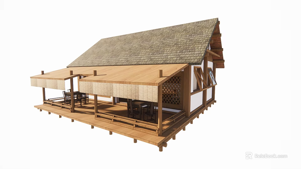 Wooden House Exterior with Gray Tile Roof Porch Awning and Wooden Railings 3d model 