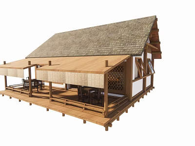 Wooden House Exterior with Gray Tile Roof Porch Awning and Wooden Railings 3d model