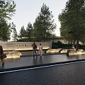 Serene Garden Landscape With Lush Trees Wooden Platform Grass Traditional Pavilion Lighting and People Walking