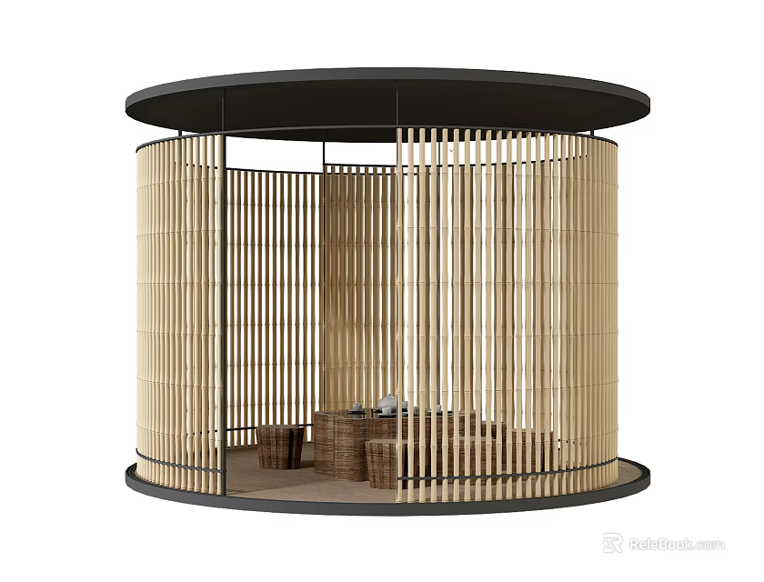 Circular Bamboo Slat Pavilion With Black Roof And Indoor Seating Space 3d model 