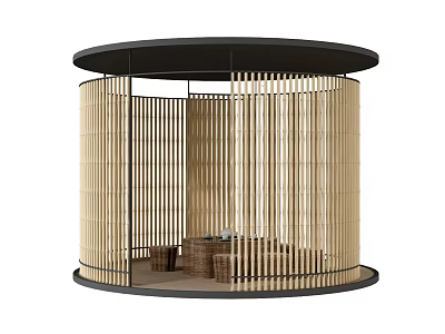 Circular Bamboo Slat Pavilion With Black Roof And Indoor Seating Space 3d model
