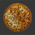 Freshly Baked Pizza With Golden Crust Meat Toppings Fresh Herbs And Melted Cheese